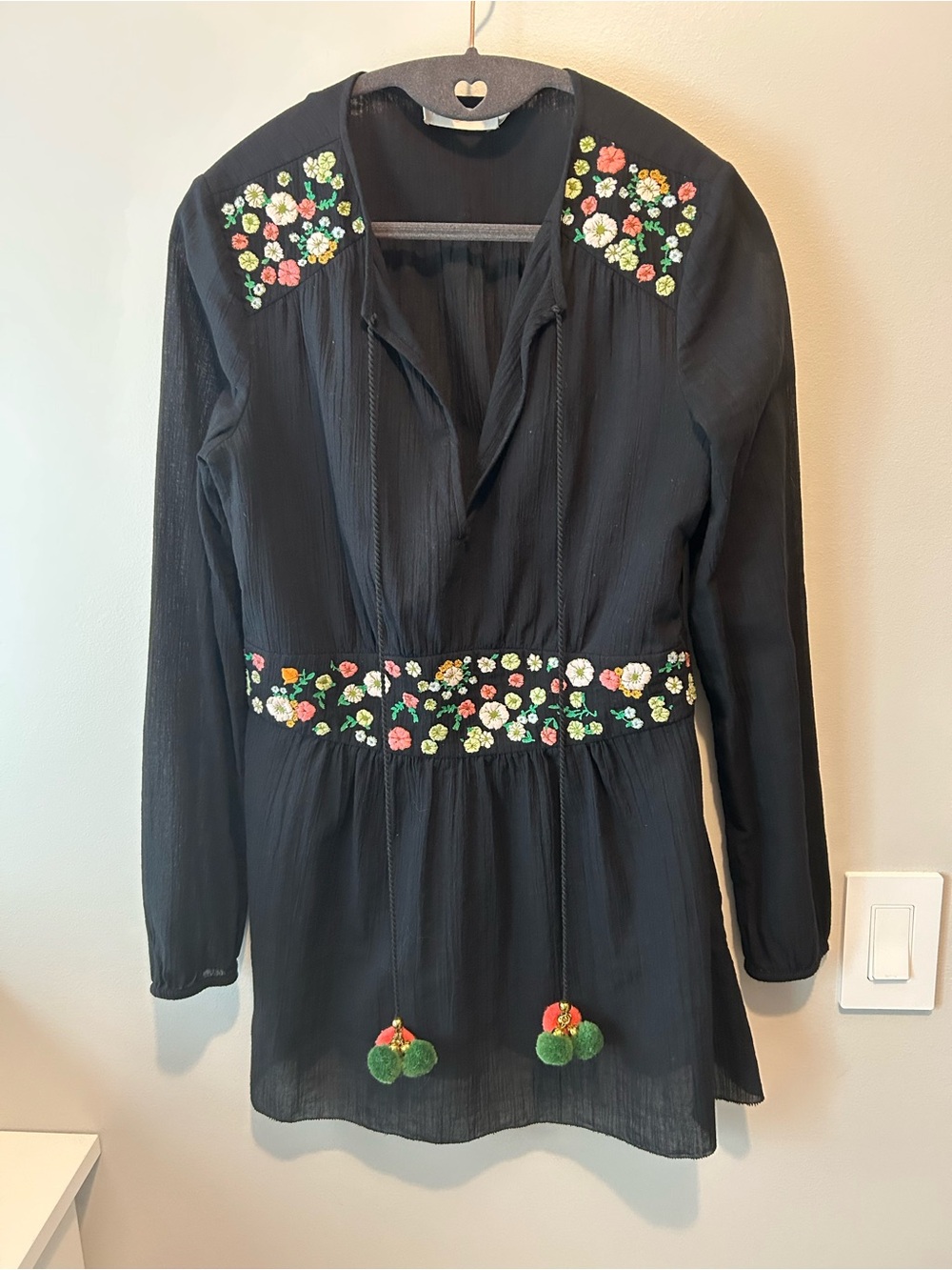 Tory Burch Black Floral Embroidered Tunic with Pom Details